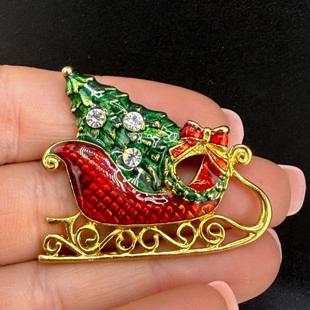 Vintage Eisenberg Ice Christmas Brooch Gold‎ Tone Enamel Rhinestone Signed